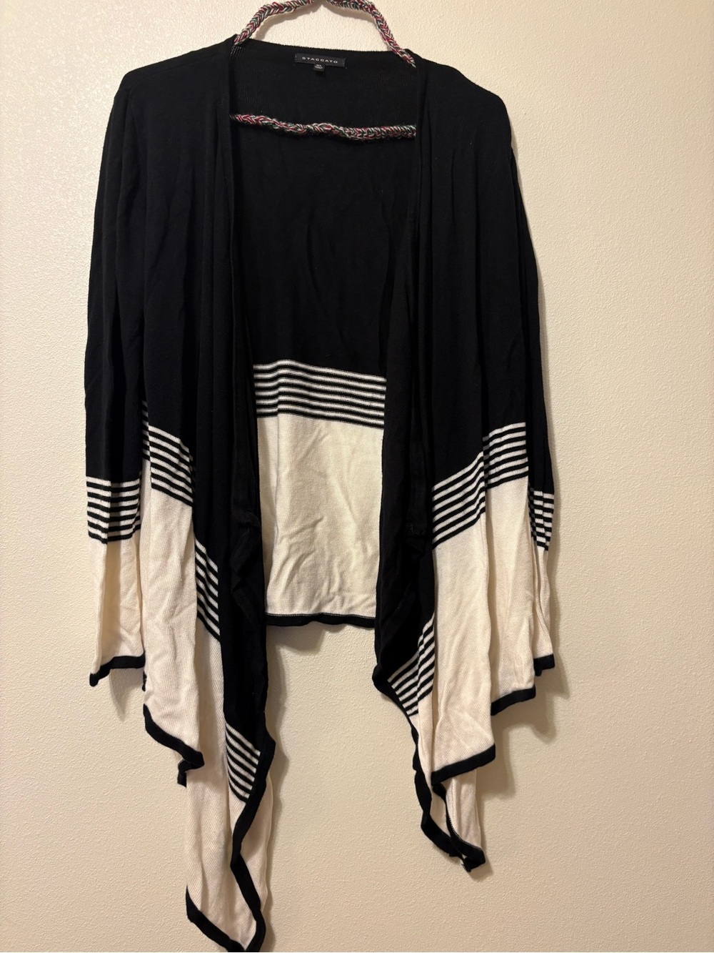 Staccato Black & Cream Striped Draped Open-Front Cardigan